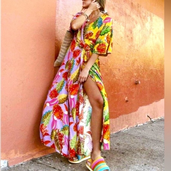 FARM Rio Dresses & Skirts - FARM Rio Mixed Beaks & Bananas Maxi Wrap Dress Size S NWT